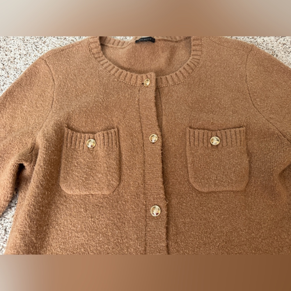 Talbots Camel-Tone Wool Blend Rib Trim Cardigan